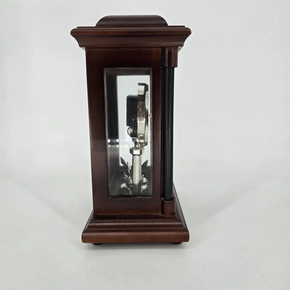 Stiffel Quartz Mantel Clock Rotating Pendulum Wood Glass Case Working Vintage